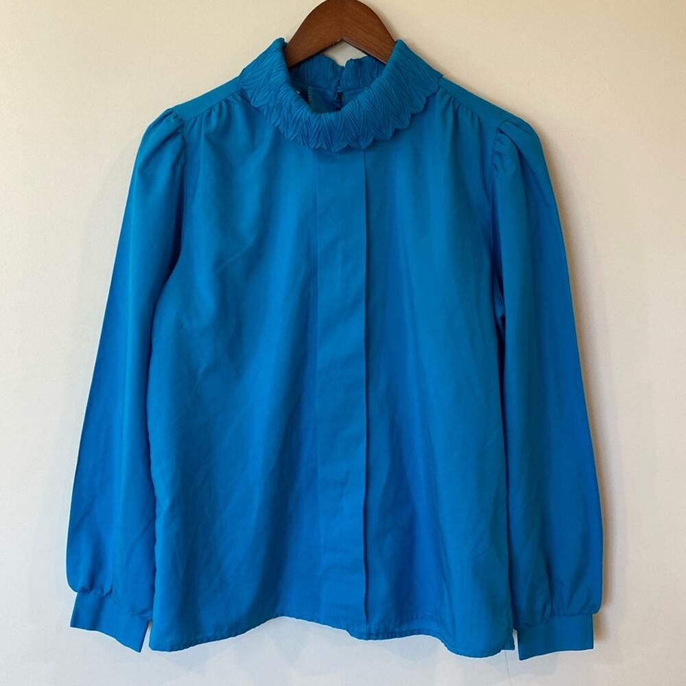 Rhoda Lee Vintage Blue Teal Blouse With Unique Collar Size 12 80’s Cottagecore